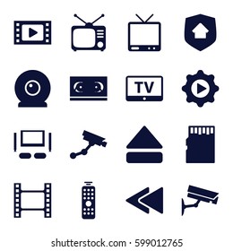 video icons set. Set of 16 video filled icons such as TV, Security camera, Tv, eject button, play back, play in gear, remote control, web camera, TV set, home security