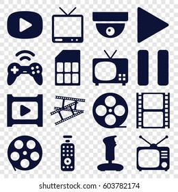 Video icons set. set of 16 video filled icons such as movie tape, Tv, TV, play, pause, camera tape, remote control, joystick, memory card