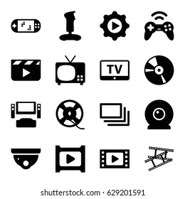 Video icons set. set of 16 video filled icons such as TV, security camera, CD, film tape, play in gear, play, camera tape, burst, web camera, joystick, portable game console