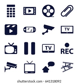 Video icons set. set of 16 video filled icons such as tv, movie clapper, movie tape, rec, pause, clip, camera tape, intercom, security camera, home message