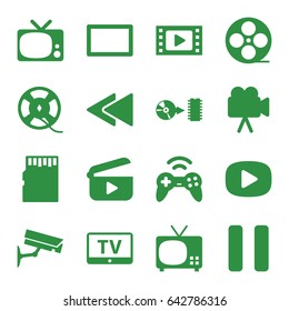 Video icons set. set of 16 video filled icons such as tv, movie tape, camera, film tape, pause, play back, disc, burst, joystick, security camera, memory card
