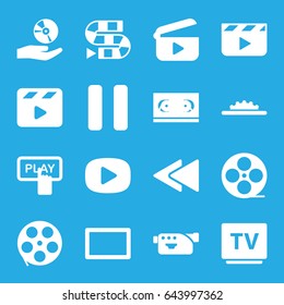 Video icons set. set of 16 video filled icons such as finger pressing play button, movie clapper, movie tape, camera, tv, pause, play back, cd on hand, camera wheel, burst