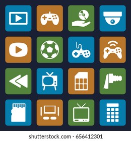 Video icons set. set of 16 video filled icons such as joystick, tv, play back, cd on hand, camera zoom, play, tv set, intercom, memory card, movie tape
