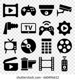 Video icons set. set of 16 video filled icons such as tv, cd, play in gear, play, camera zoom, camera tape, intercom, remote control, joystick, security camera