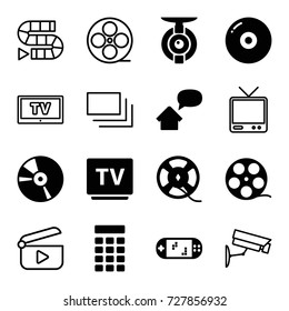 Video icons set. set of 16 video filled and outline icons such as tv, cd, film tape, intercom, home message, portable game console, spy camera, movie tape, burst