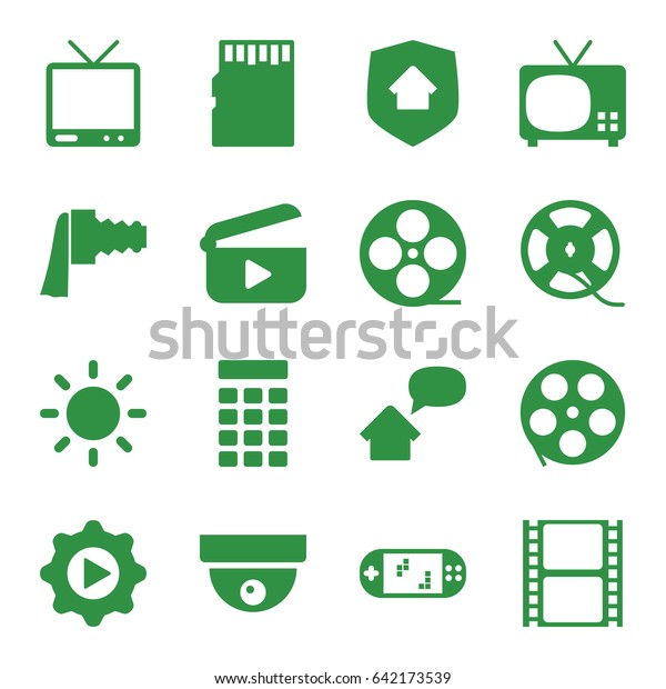 Video icons set. set of 16 video\
filled icons such as movie tape, tv, film tape, play in gear,\
camera zoom, contrast, home security, intercom, home\
message
