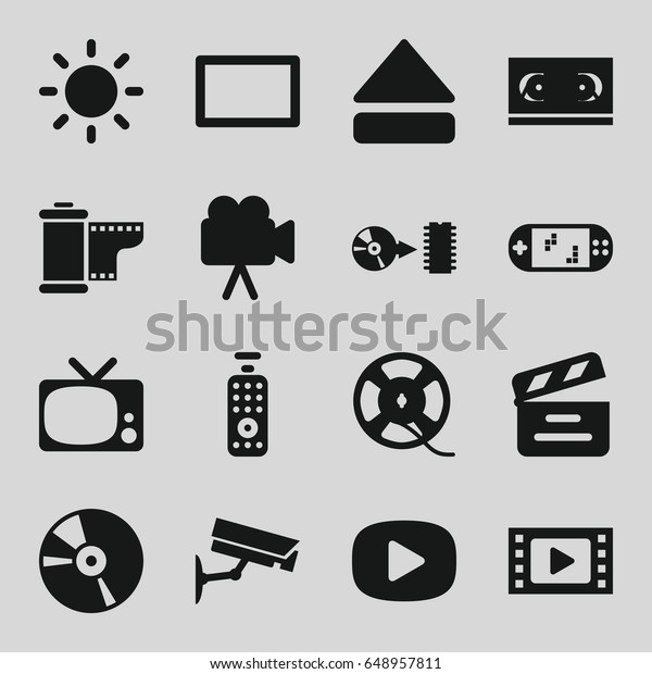 Video icons set. set of 16 video\
filled icons such as movie clapper, camera, cd, film tape, eject\
button, disc, camera tape, burst, contrast, remote\
control