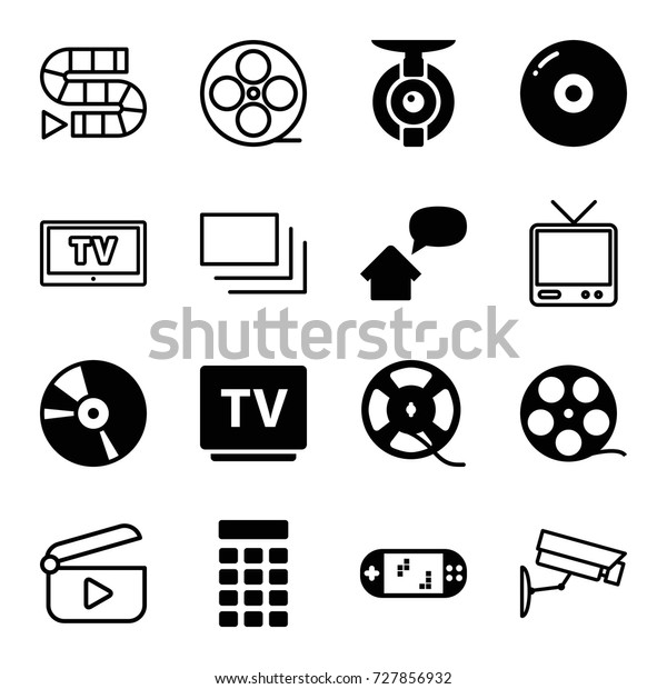 Video icons set. set of 16\
video filled and outline icons such as tv, cd, film tape, intercom,\
home message, portable game console, spy camera, movie tape,\
burst