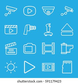 video icons set. Set of 16 video outline icons such as security camera, Security camera, movie clapper, play, eject button, contrast, memory card, joystick, clapper board