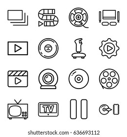 Video icons set. set of 16 video outline icons such as tv, movie clapper, cd, film tape, pause, play in gear, disc, burst, play, web camera, tv set, joystick, movie tape