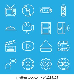 Video icons set. set of 16 video outline icons such as movie clapper, movie tape, tv, camera, cd, eject button, play in gear, camera wheel, remote control, intercom