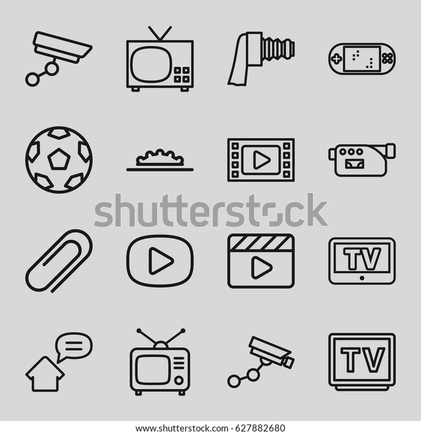 Video icons set. set of 16 video\
outline icons such as TV, Security camera, movie clapper, Tv,\
camera, clip, home message, portable game console,\
play