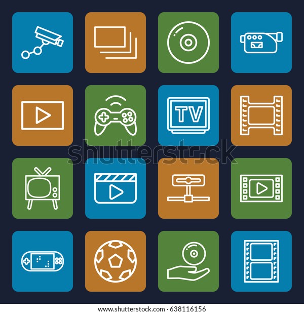 Video icons set. set of 16 video\
outline icons such as security camera, movie tape, camera, tv, cd\
on hand, burst, play, joystick, portable game console,\
disc