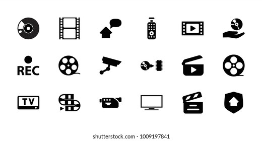 Video icons. set of 18 editable filled video icons: movie tape, camera tape, movie clapper, camera, rec, cd on hand, disc, home security, security camera, home message