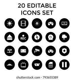 Video icons. set of 20 editable filled video icons such as joystick, film tape, movie tape, tv, camera, rec, cd, pause. best quality video elements in trendy style.