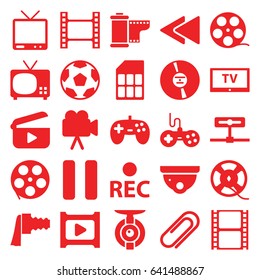 Video icons set. set of 25 video filled icons such as joystick, security camera, movie tape, tv, camera, rec, cd, film tape, pause, play back, clip, play
