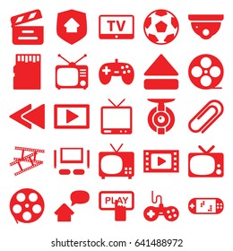 Video icons set. set of 25 video filled icons such as tv, joystick, finger pressing play button, security camera, movie clapper, movie tape, tv, eject button, play back, clip