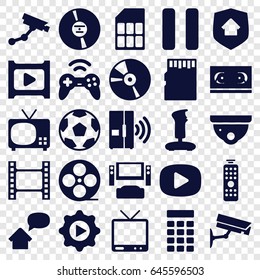 Video icons set. set of 25 video filled icons such as security camera, security camera, movie tape, tv, cd, pause, play in gear, play, remote control, home security, intercom
