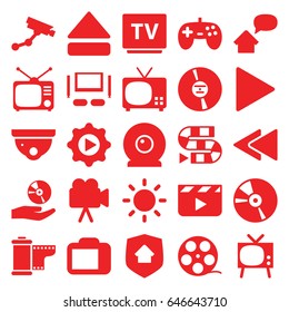 Video icons set. set of 25 video filled icons such as security camera, security camera, tv, tv, cd, play, eject button, play back, play in gear, cd on hand, contrast, tv set