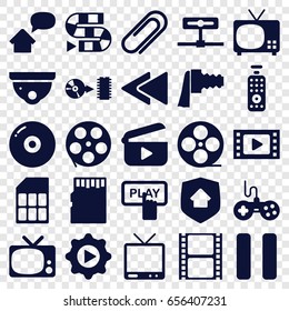 Video icons set. set of 25 video filled icons such as joystick, finger pressing play button, security camera, movie tape, tv, pause, play back, disc, clip, camera zoom