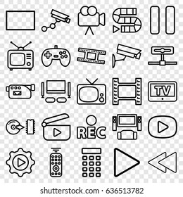 Video icons set. set of 25 video outline icons such as tv, security camera, tv, camera, rec, play, pause, play back, play in gear, disc, burst, intercom, remote control