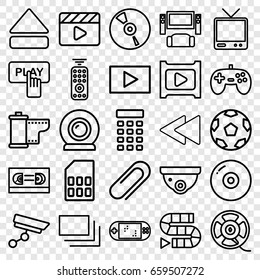 Video icons set. set of 25 video outline icons such as finger pressing play button, security camera, movie clapper, tv, cd, film tape, eject button, play back, clip, play
