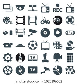 Video icons. set of 36 editable filled video icons such as tv, joystick, security camera, disc, movie tape, dice game, camera, rec, cd, film tape, burst, home security