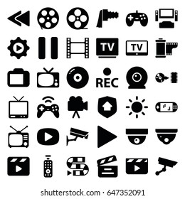 Video icons set. set of 36 video filled icons such as tv, security camera, movie clapper, movie tape, tv, camera, rec, play, pause, play back, play in gear, disc, contrast