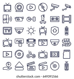 Video icons set. set of 36 video outline icons such as joystick, finger pressing play button, security camera, security camera, movie clapper, tv, cd, eject button, cd on hand