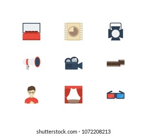 Video icons set. 3d glasses and video icons with movie loudspeaker, theater curtain and cinema. Set of artistic for web app logo UI design.