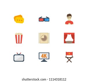 Video icons set. 3d glasses and video icons with popcorn, television and theater curtain. Set of professional for web app logo UI design.