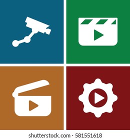 video icons set. Set of 4 video filled icons such as Security camera, play in gear, play