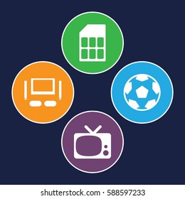 video icons set. Set of 4 video filled icons such as TV set, memory card, TV