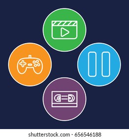Video icons set. set of 4 video outline icons such as pause, film tape, joystick