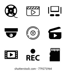 Video icons. set of 9 editable filled and outline video icons such as security camera, movie tape, rec, film tape, tv set, memory card, play, clapper board