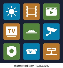 video icons set. Set of 9 video filled icons such as camera, TV, camera wheel, contrast, home security, security camera, clapper board