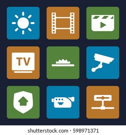 video icons set. Set of 9 video filled icons such as camera, TV, camera wheel, contrast, home security, security camera, clapper board 