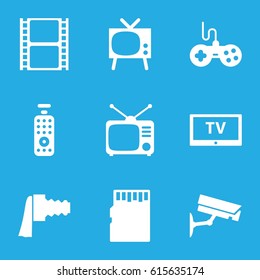 Video icons set. set of 9 video filled icons such as joystick, movie tape, Tv, camera zoom, remote control, TV, security camera