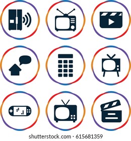 Video icons set. set of 9 video filled icons such as movie clapper, Tv, intercom, home message, portable game console, clapper board