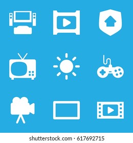 Video icons set. set of 9 video filled icons such as joystick, camera, play, burst, contrast, home security, TV system, TV