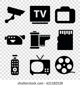 Video icons set. set of 9 video filled icons such as camera, TV, camera tape, remote control