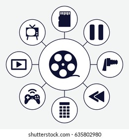 Video icons set. set of 9 video filled icons such as pause, play back, camera zoom, play, intercom, joystick, memory card, camera tape