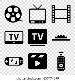 Video Icons Set. Set Of 9 Video Filled Icons Such As Tv, Movie Clapper, Camera Wheel, Remote Control, Portable Game Console, Movie Tape