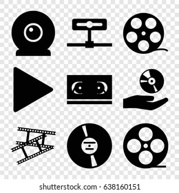 Video icons set. set of 9 video filled icons such as movie tape, cd, play, cd on hand, camera tape, web camera, film tape
