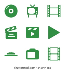 Video icons set. set of 9 video filled icons such as movie clapper, movie tape, play, camera display, camera wheel, disc