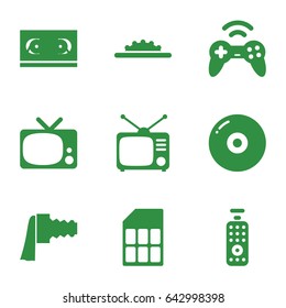 Video icons set. set of 9 video filled icons such as tv, camera zoom, camera wheel, remote control, joystick, memory card, tv, disc