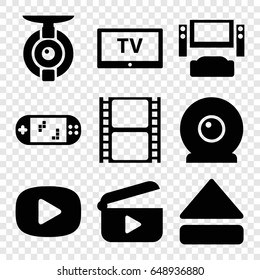 Video icons set. set of 9 video filled icons such as movie tape, eject button, web camera, portable game console, tv, spy camera, play
