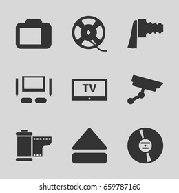 Video icons set. set of 9 video filled icons such as cd, film tape, eject button, camera zoom, camera tape, tv set