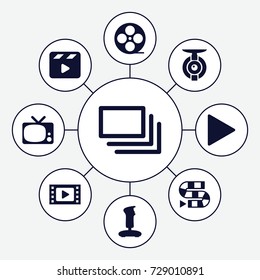 Video icons set. set of 9 video filled icons such as movie clapper, movie tape, play, burst, spy camera, tv, joystick