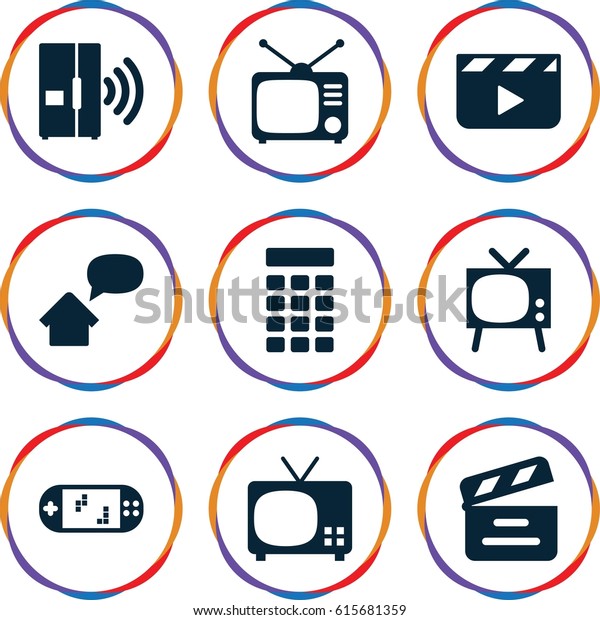 Video icons set. set of 9 video filled icons such\
as movie clapper, Tv, intercom, home message, portable game\
console, clapper board